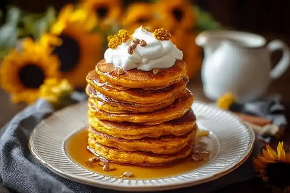 Fluffy pumpkin pancakes topped with maple syrup and cinnamon