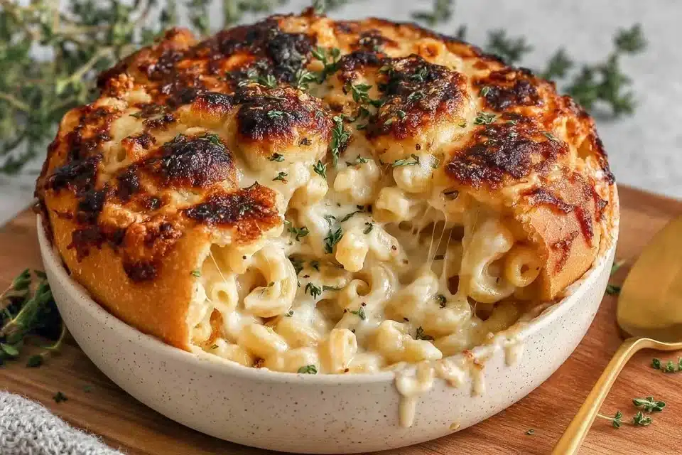 Delicious Four-Cheese Baked Macaroni topped with golden cheese crust