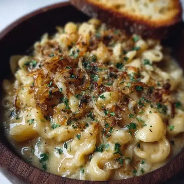 Delicious French onion pasta bowl soup garnished with melted cheese and herbs