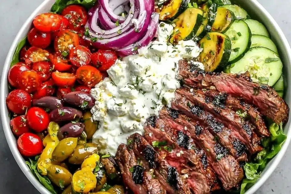 Fresh Mediterranean Steak Bowl with grilled steak and colorful veggies