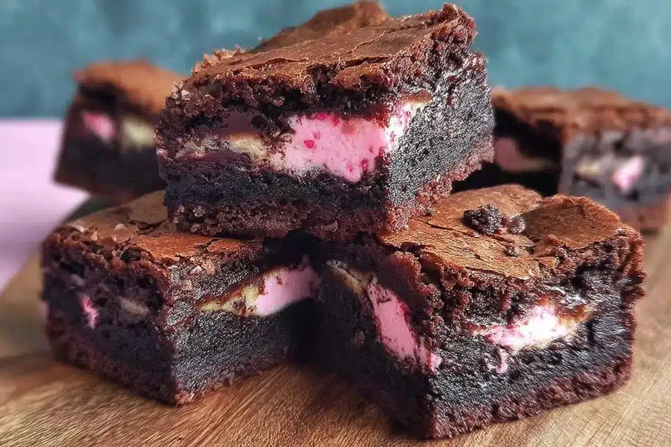 Fudgy chocolate rhubarb brownies served on a plate, drizzled with chocolate sauce.