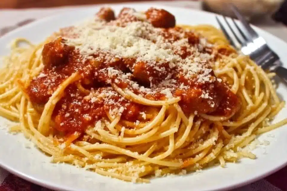A plate of fun spaghetti hot dogs served with sauce and toppings.