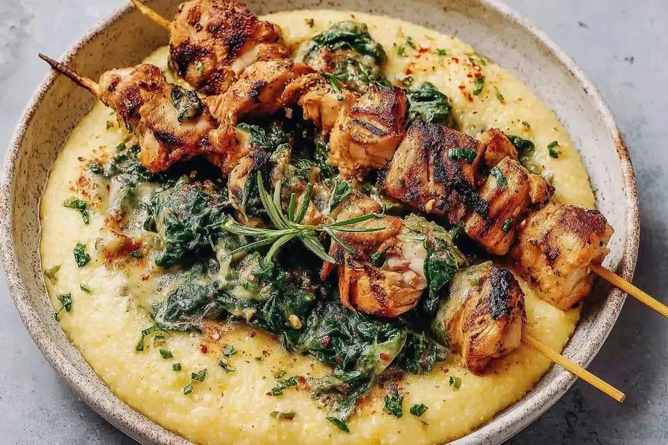 Delicious Garlic Chicken Skewers served with creamy polenta on a plate.