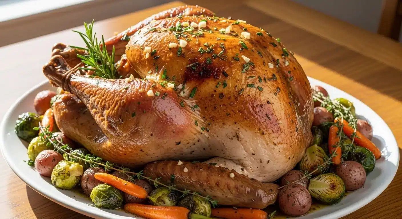 Garlic herb butter roast turkey with rosemary and lemon