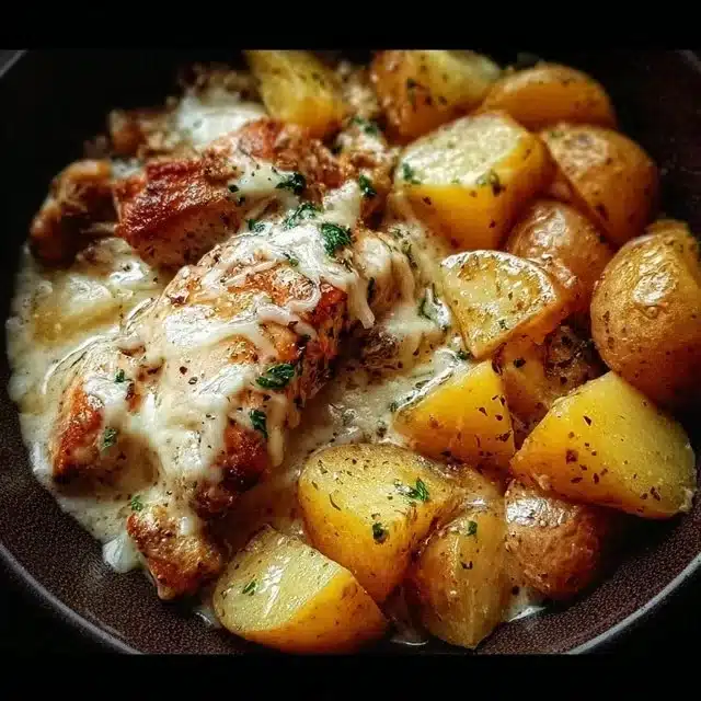 Delicious garlic parmesan chicken and potatoes cooked in a crockpot