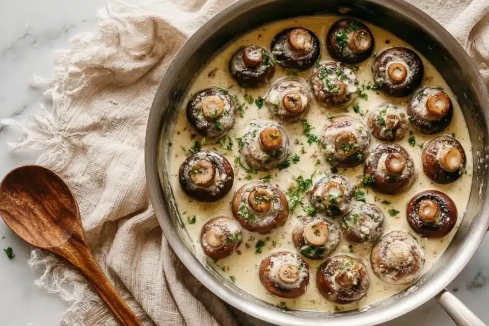 Delicious Garlic Parmesan Mushrooms served in a bowl garnished with parsley