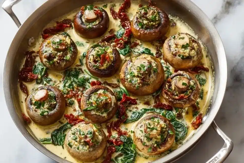 Delicious Garlic Parmesan Mushrooms with Spinach served in a bowl