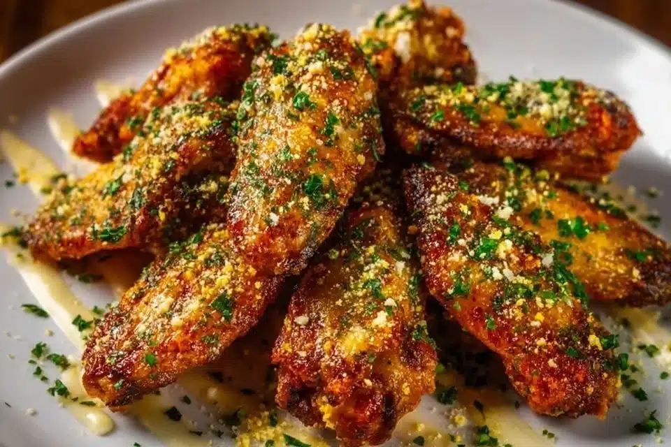 Delicious Garlic Parmesan Wings garnished with parsley and Parmesan cheese