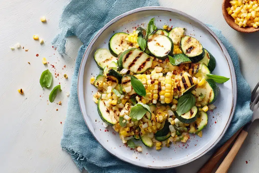 Recipe card with grilled corn and zucchini salad