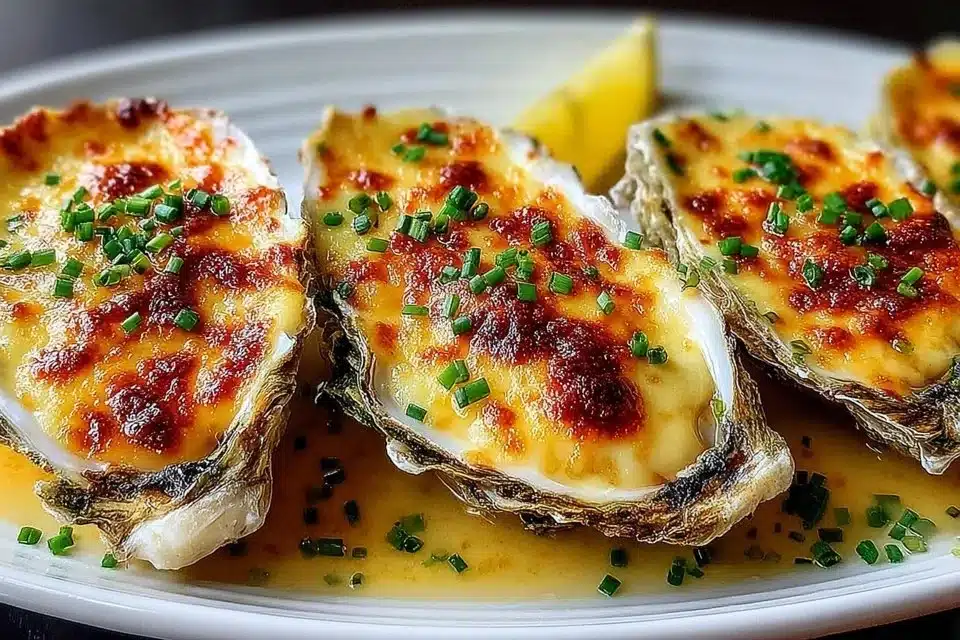 Plate of grilled oysters with Parmesan and garlic topping