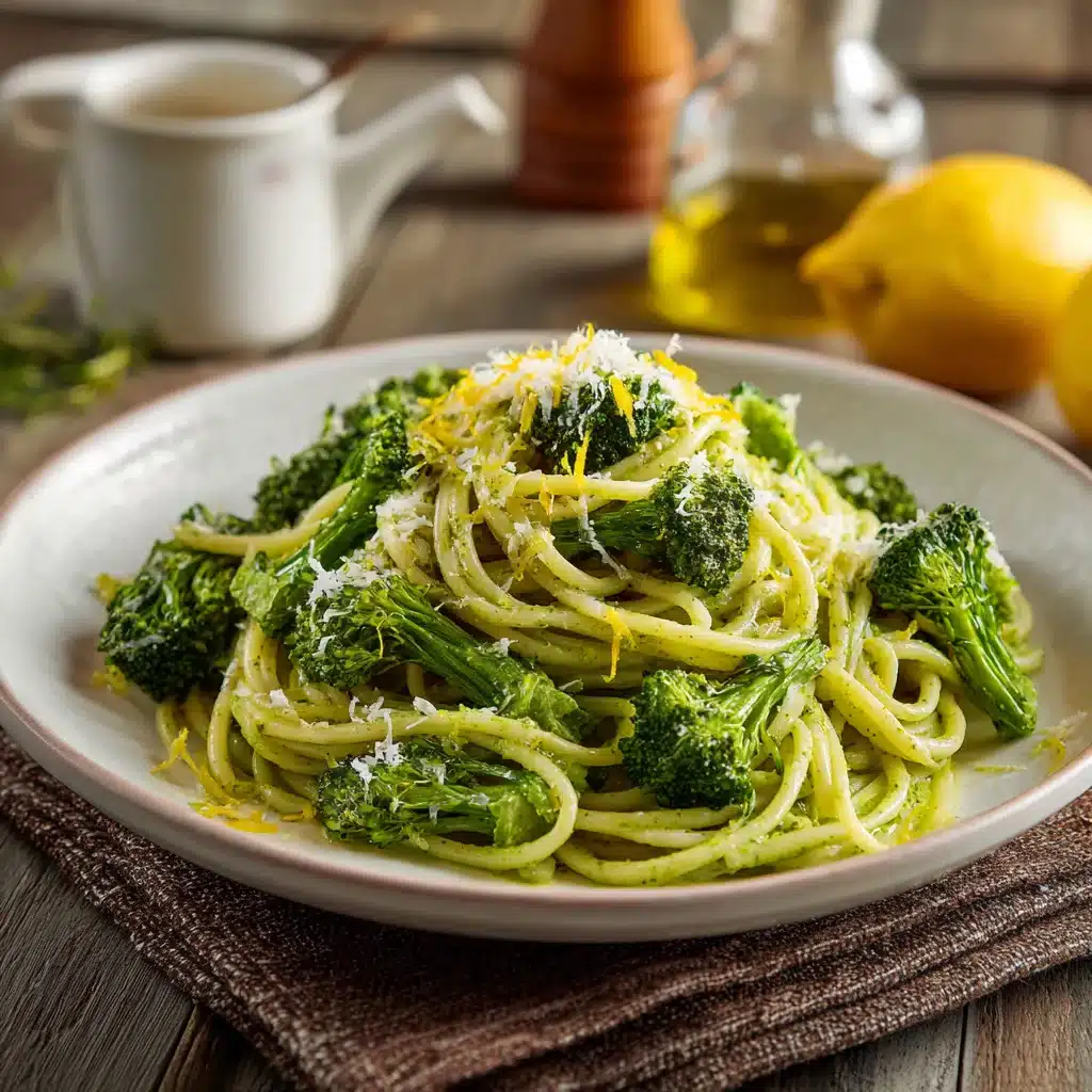 Overhead of plated broccoli pasta with lemon