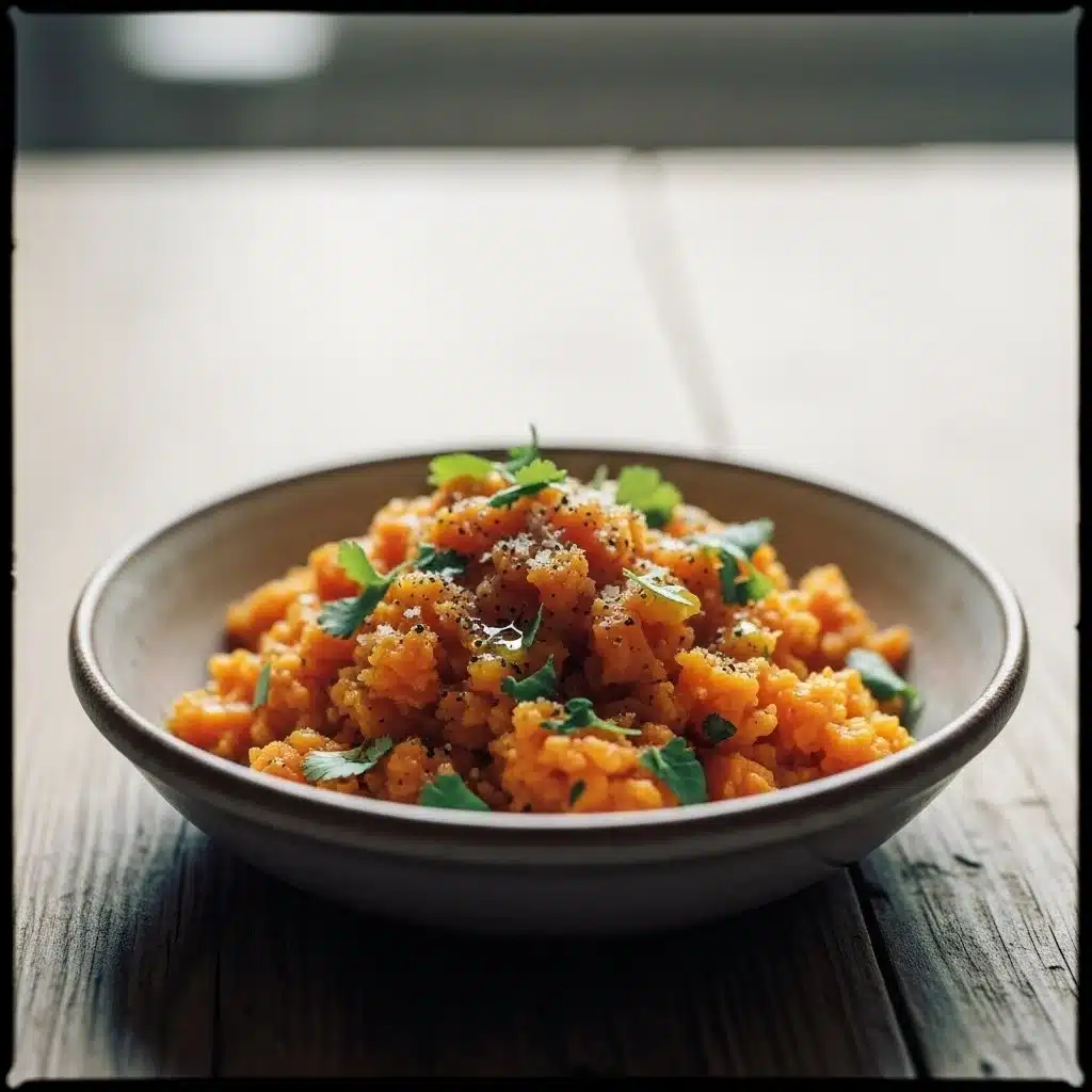 Plate of healthy smashed carrots garnished with herbs