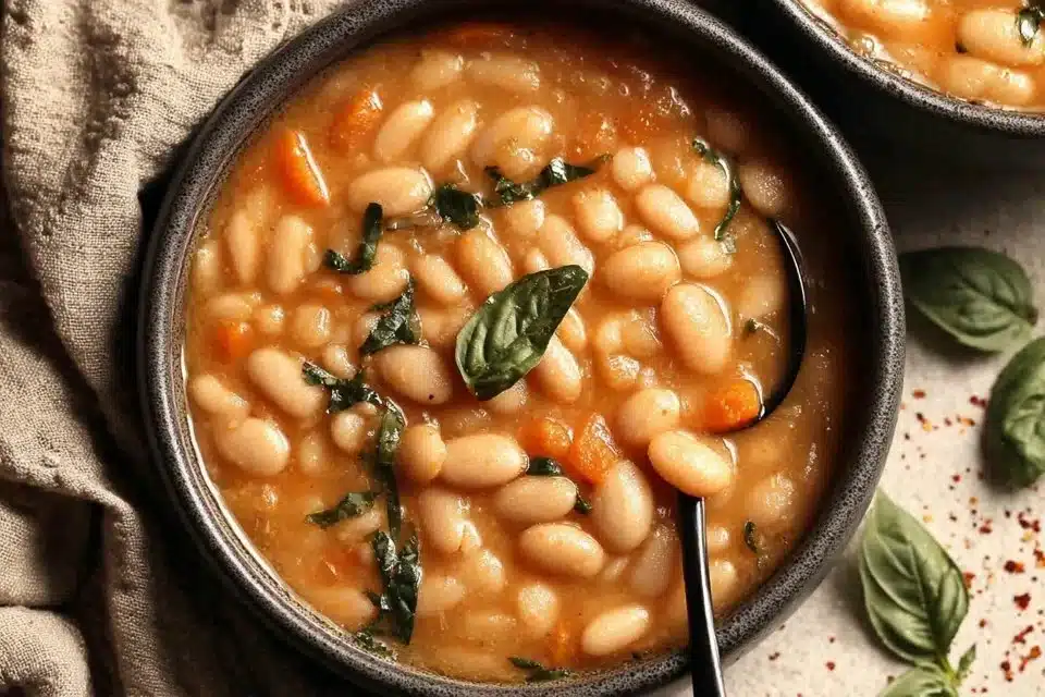 Bowl of hearty cannellini bean soup with fresh herbs and vegetables