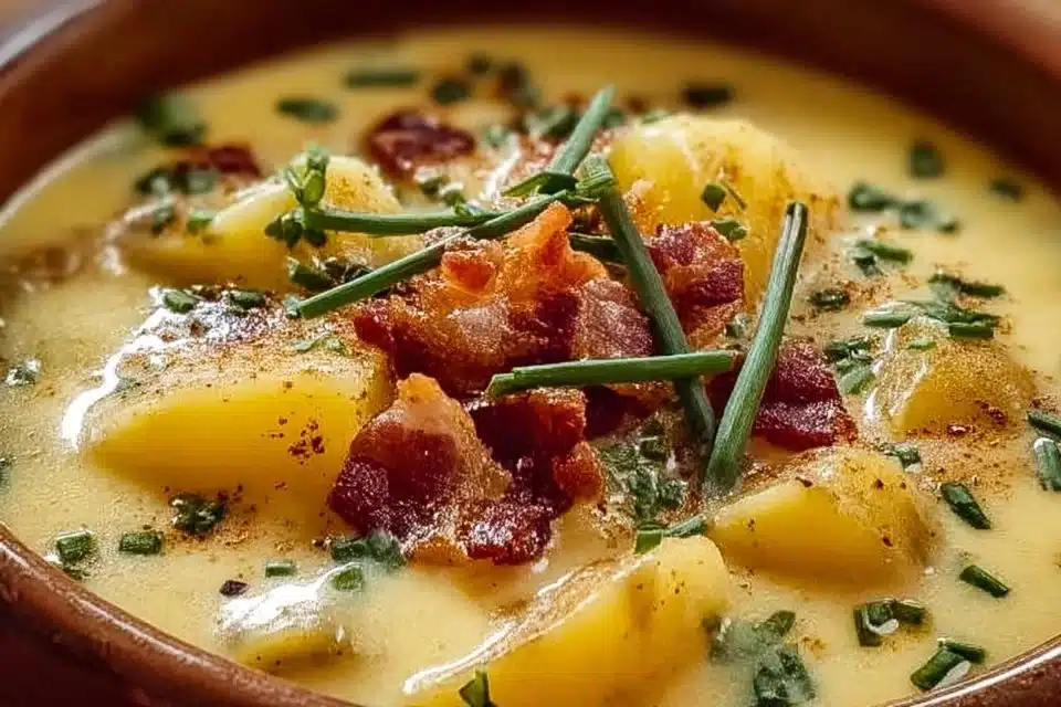 Bowl of hearty cheddar garlic herb potato soup topped with fresh herbs.