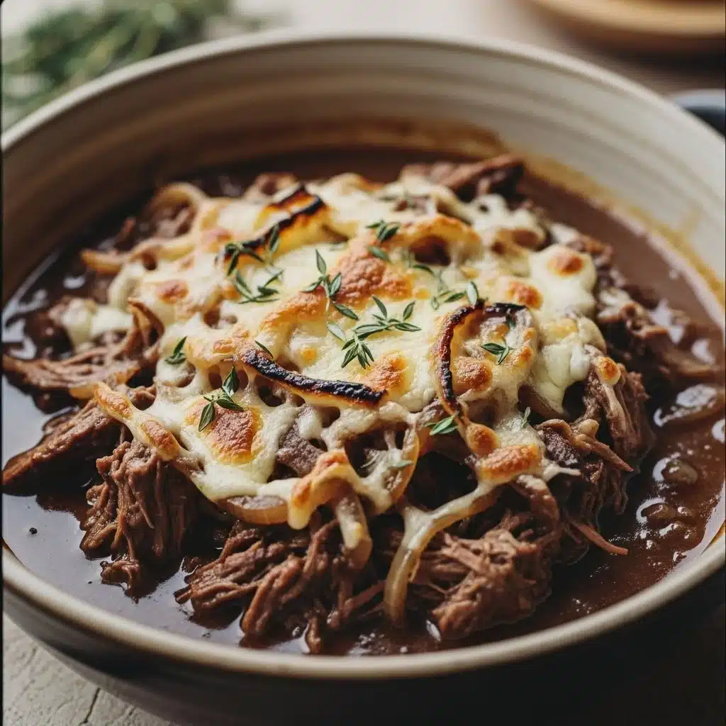Delicious Hearty Instant Pot French Onion Pot Roast ready to serve.