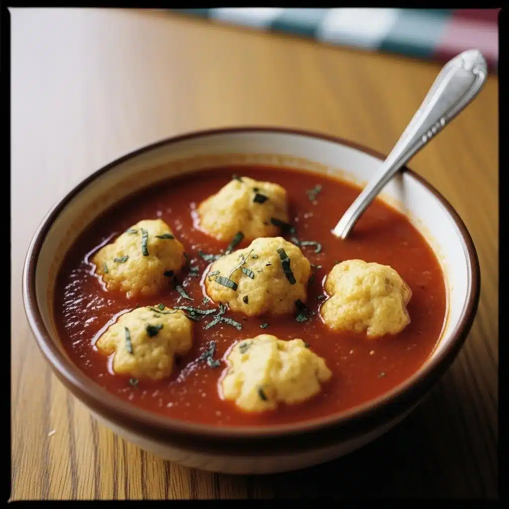 Hearty tomato soup served with cheddar bay dumplings in a rustic bowl