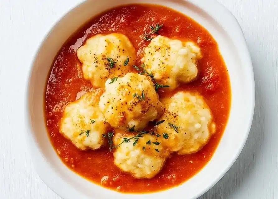 Bowl of hearty tomato soup with cheddar bay dumplings served with herbs