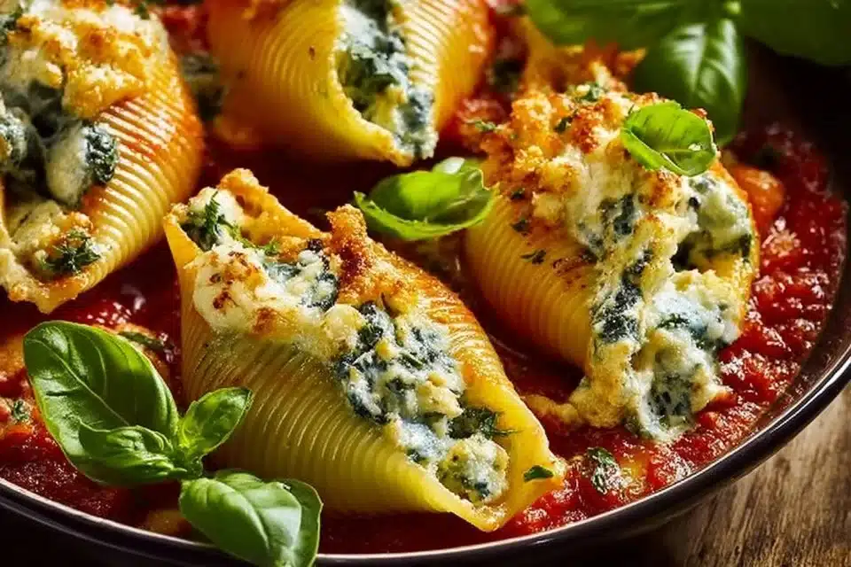 Herb and zucchini stuffed jumbo shells topped with sauce and cheese