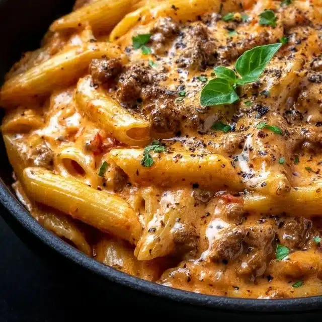 High protein creamy beef pasta dish garnished with herbs and cheese
