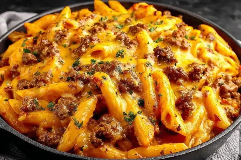Delicious high protein creamy beef pasta dish served with parmesan cheese.