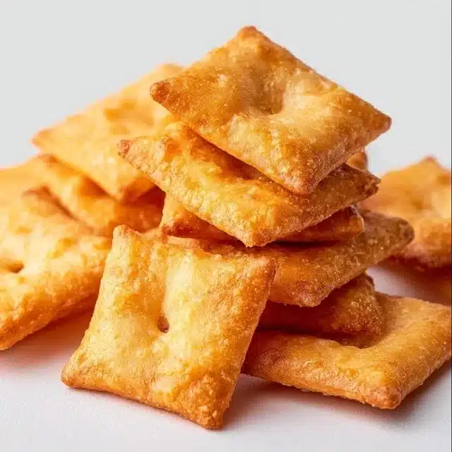 Homemade cheese crackers on a wooden plate with herbs