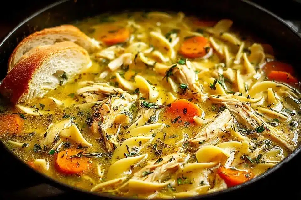 Bowl of homemade chicken noodle soup with vegetables and herbs