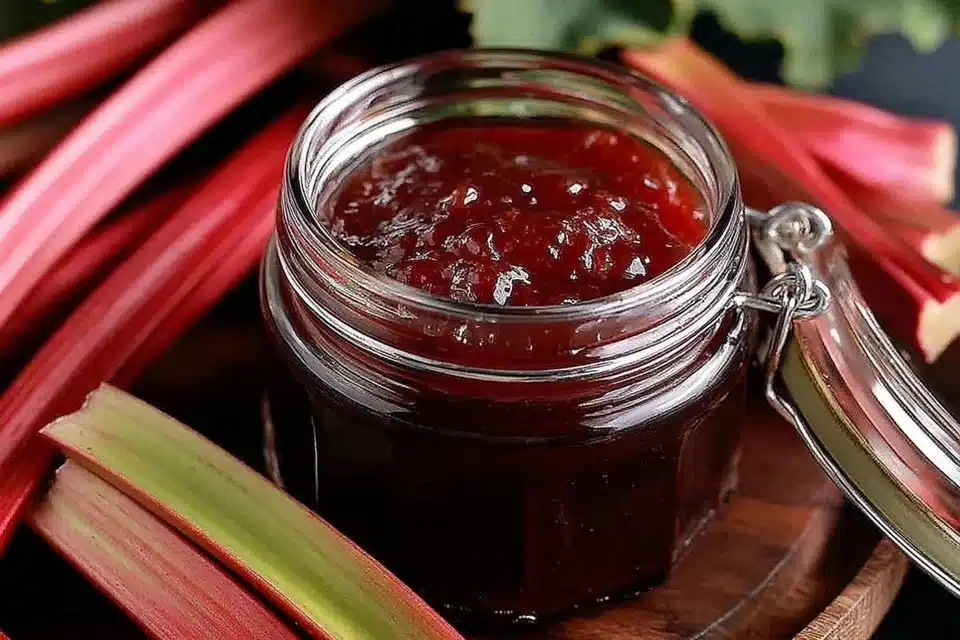 Homemade rhubarb balsamic reduction drizzled over a gourmet dish.