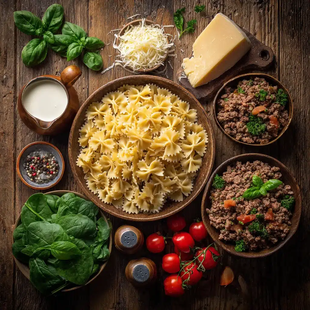 Ingredients for Creamy Parmesan Garlic Beef Bowtie Pasta