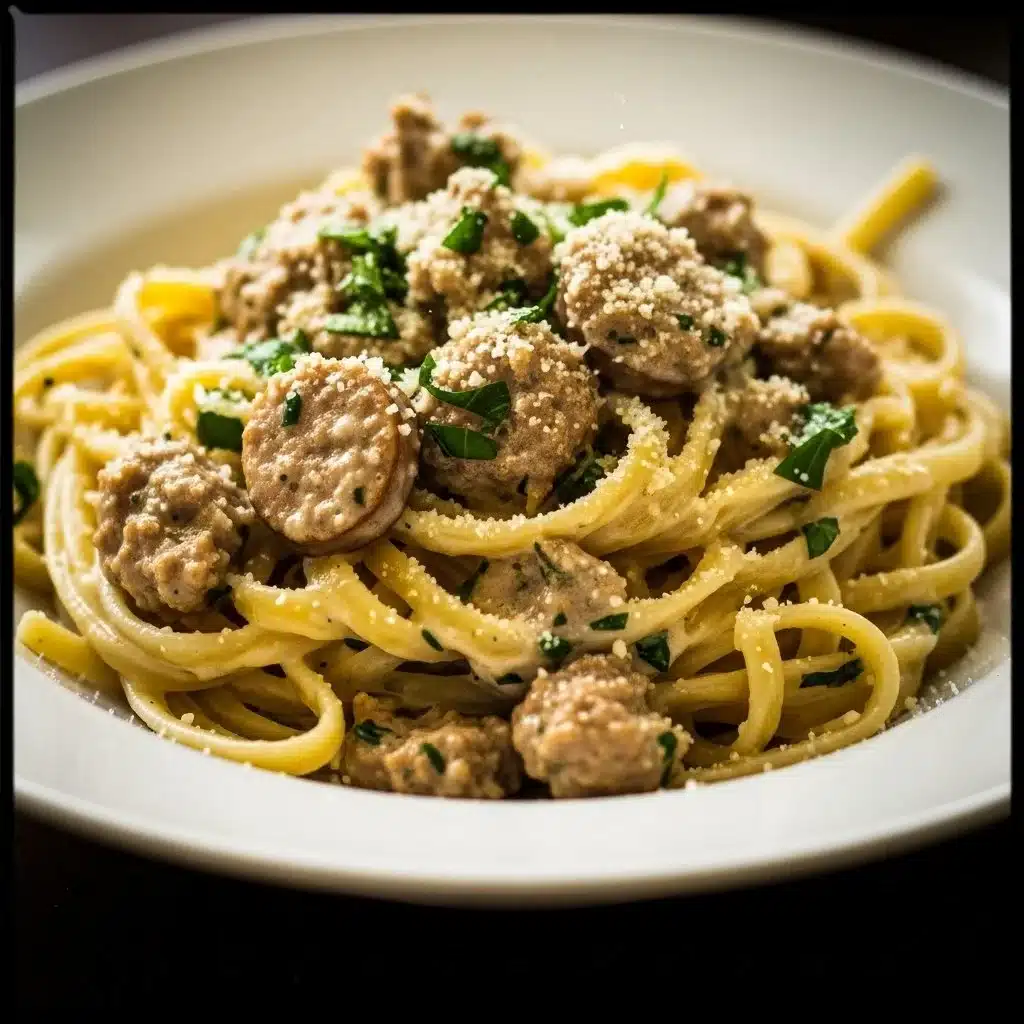 Creamy Italian sausage fettuccine dish garnished with herbs
