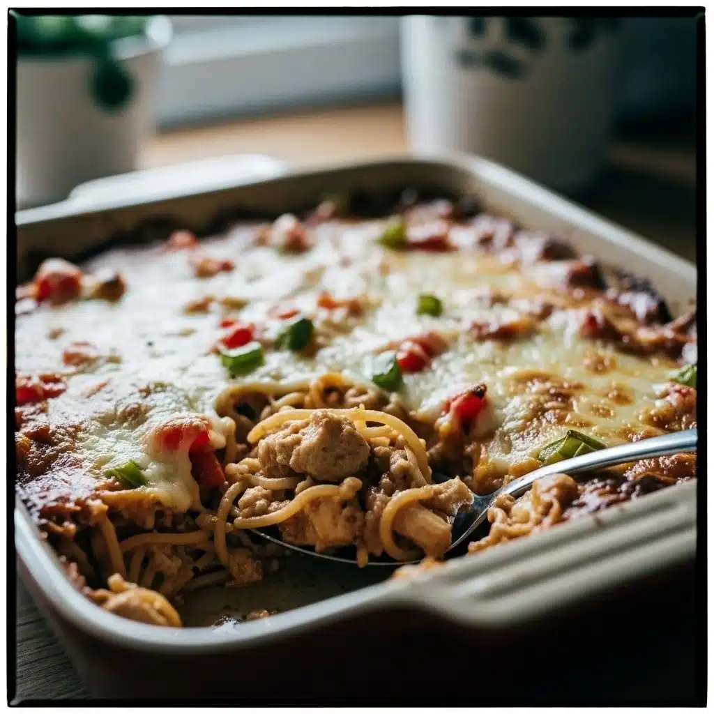 Spicy Southern Chicken Spaghetti casserole served in a dish