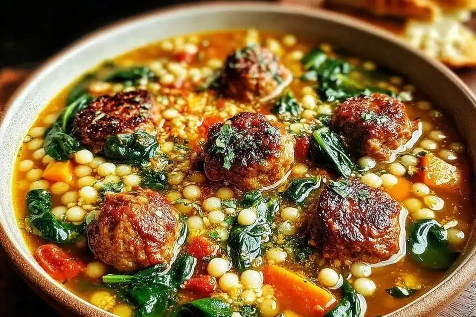 Bowl of Italian Wedding Soup with Parmesan meatballs and fresh greens