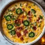 Bowl of creamy jalapeno popper soup garnished with crispy bacon