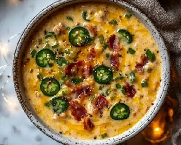 Bowl of creamy jalapeno popper soup garnished with crispy bacon
