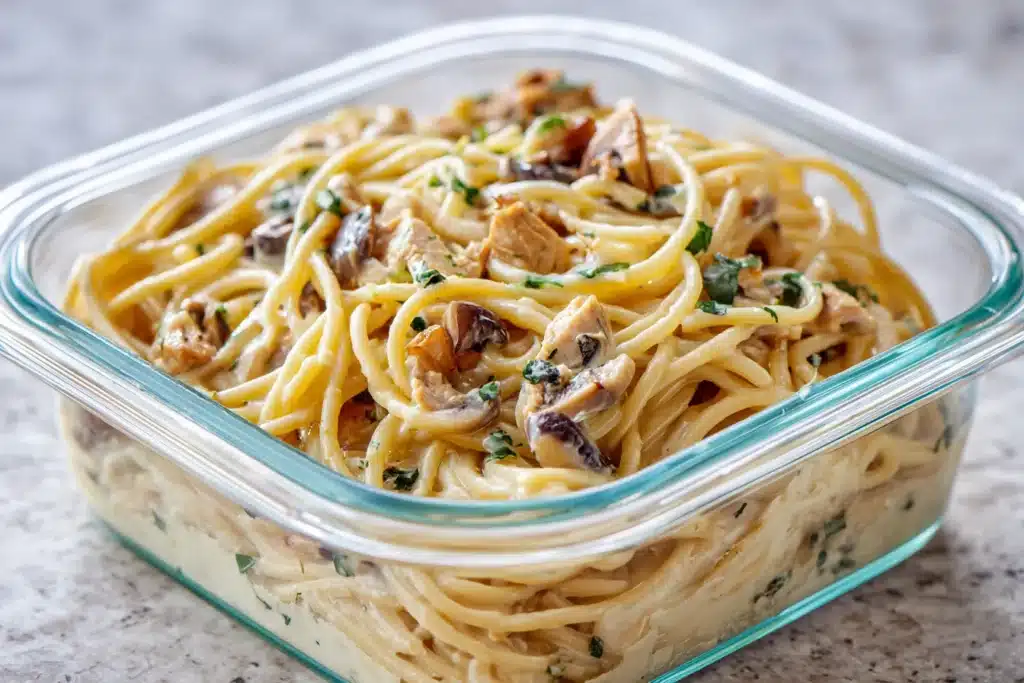 Leftover Monterey chicken spaghetti in a glass meal prep container, ready for refrigeration.