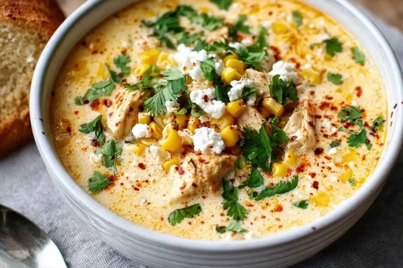 Mexican Street Corn Soup in rustic bowl with cotija cheese and cilantro
