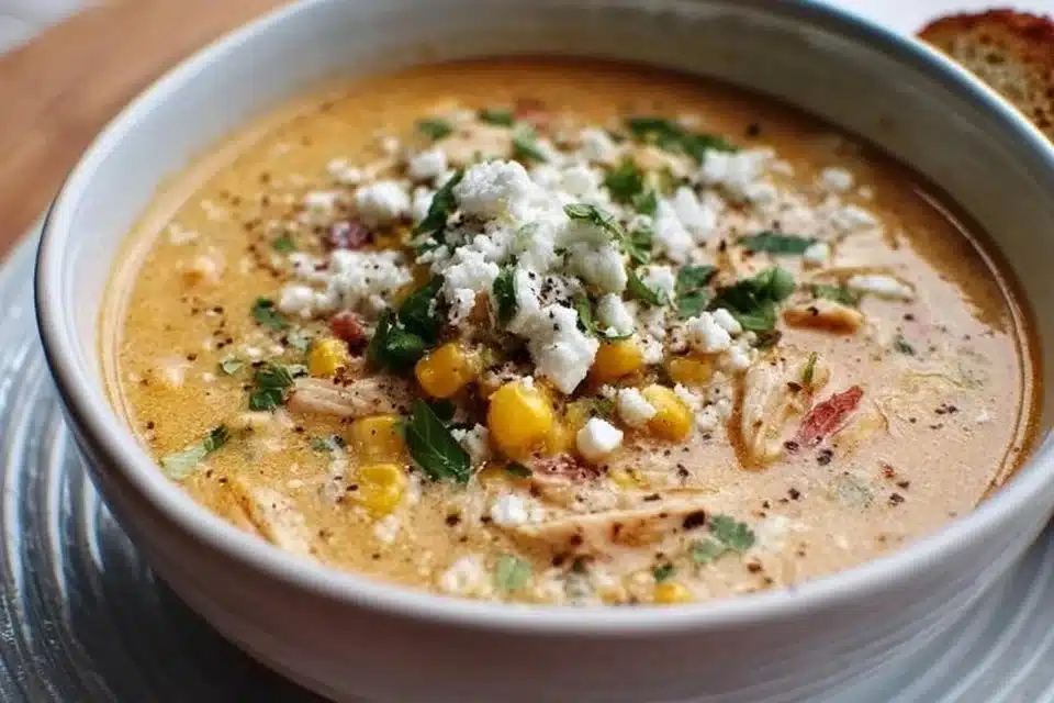 Bowl of creamy Mexican Street Corn Soup garnished with cilantro and lime