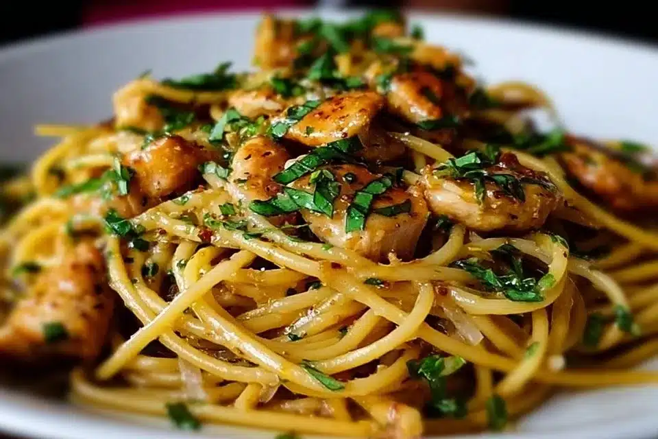 Monterey chicken spaghetti with creamy sauce, mushrooms, and shredded chicken, garnished with parsley.