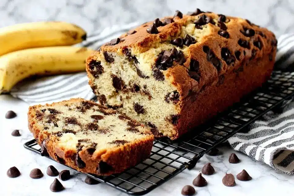 One bowl chocolate chip banana bread with chocolate chunks and ripe bananas