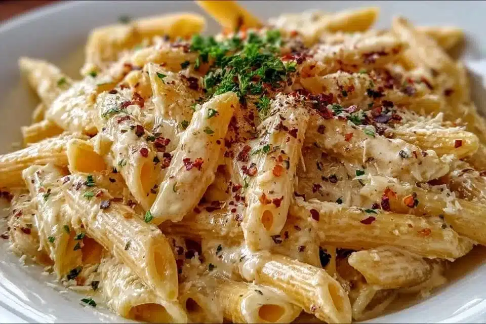 Delicious one pot creamy garlic pasta served in a bowl with herbs on top