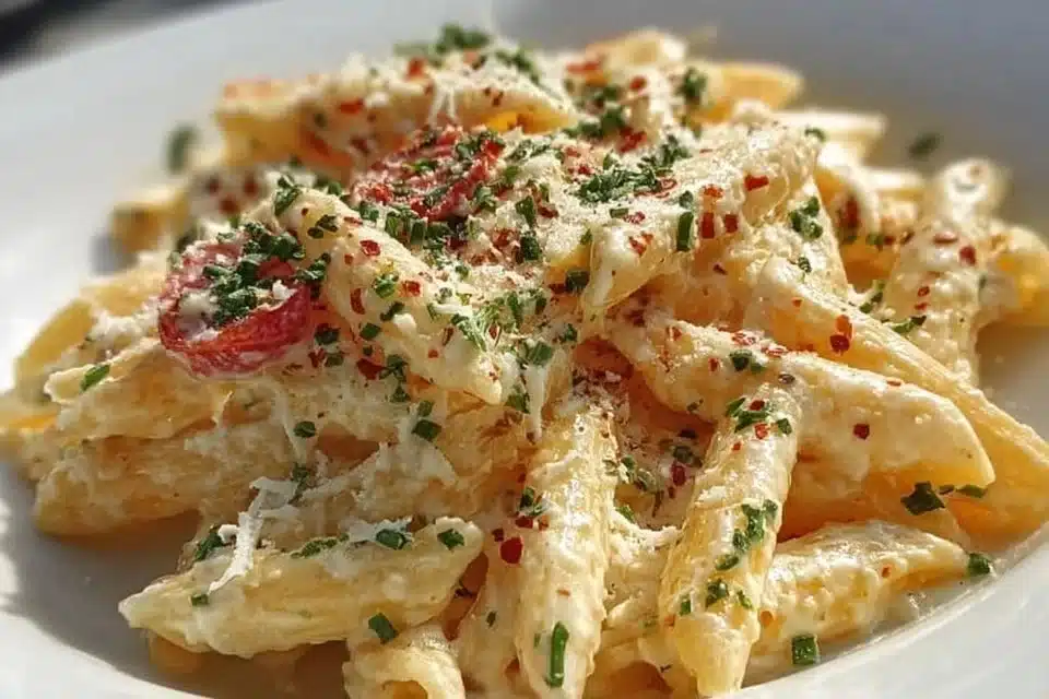 One Pot Creamy Garlic Pasta served in a bowl with garnish