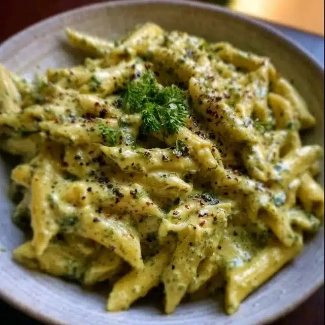One Pot Creamy Pesto Sauce Pasta served in a bowl with fresh basil