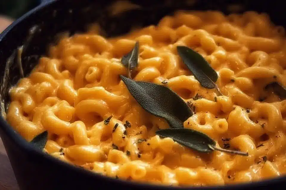 One Pot Stove-Top Pumpkin Mac and Cheese in a bowl garnished with herbs