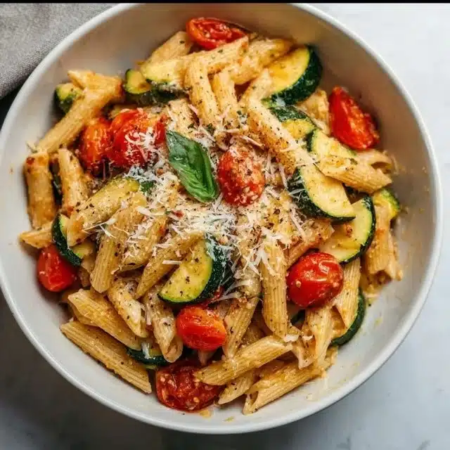 One Pot Veggie Pasta dish with colorful veggies and spiraled pasta