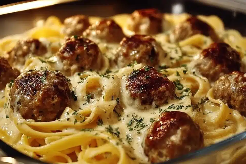 Plate of Parmesan Linguine with garlic butter meatballs garnished with herbs