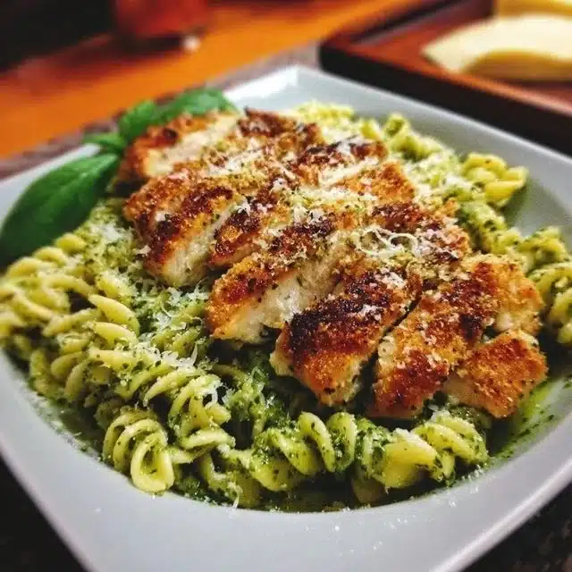 A plate of Pesto Pasta topped with grilled Parmesan Chicken and fresh basil.