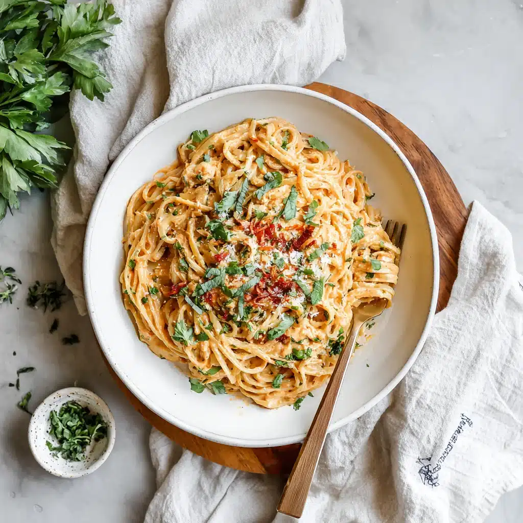 Creamy Protein-Packed Pasta Bowl next to recipe card