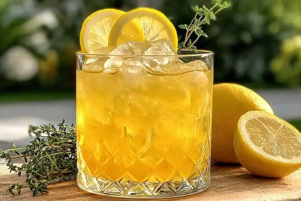 Refreshing honey lemon thyme drink in a glass with fresh thyme sprigs.