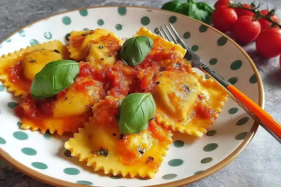 Plate of ricotta ravioli with saffron and lemon sauce garnished with herbs