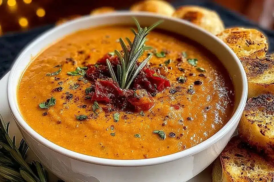 Bowl of roasted tomato soup with fresh herbs on a wooden table