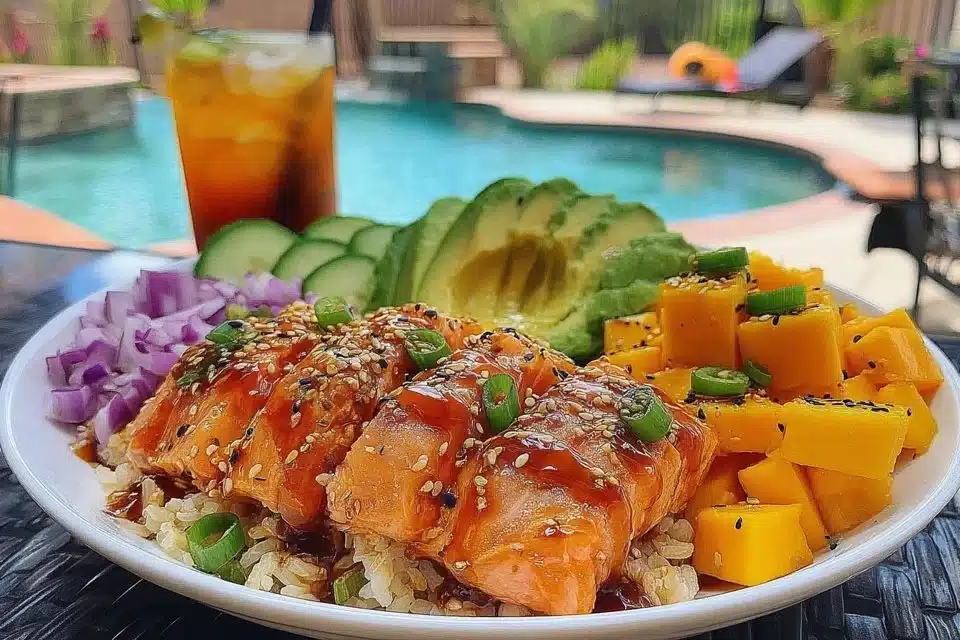 Bowl of salmon bites topped with creamy mango-avocado salsa and lime zest